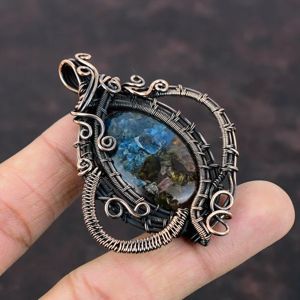 Copper Watermelon Tourmaline Oval Blue Handmade Copper Wire Wrapped Pendant