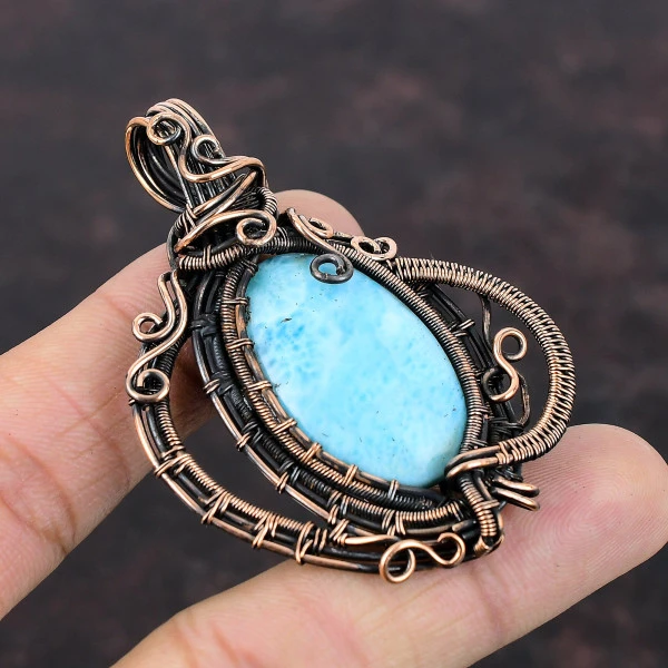 Larimar Oval Blue Handmade Copper Wire Wrapped Pendant