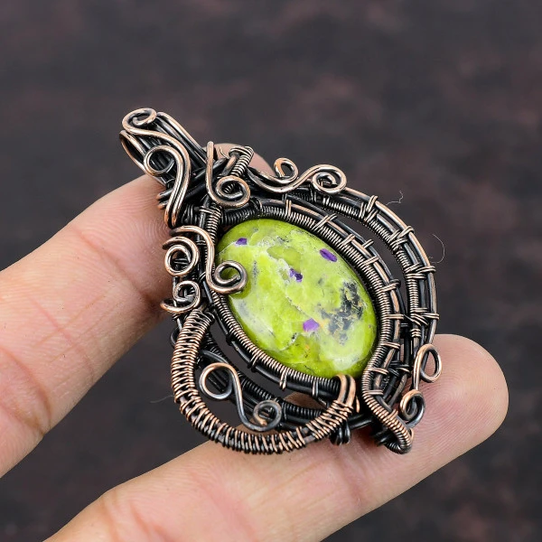 Stichtite Oval Green Handmade Copper Wire Wrapped Pendant