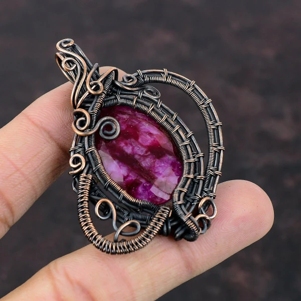 Faceted Kashmir Ruby Oval Red Handmade Copper Wire Wrapped Pendant