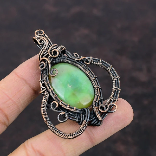 Chrysoprase Oval Green Handmade Copper Wire Wrapped Pendant