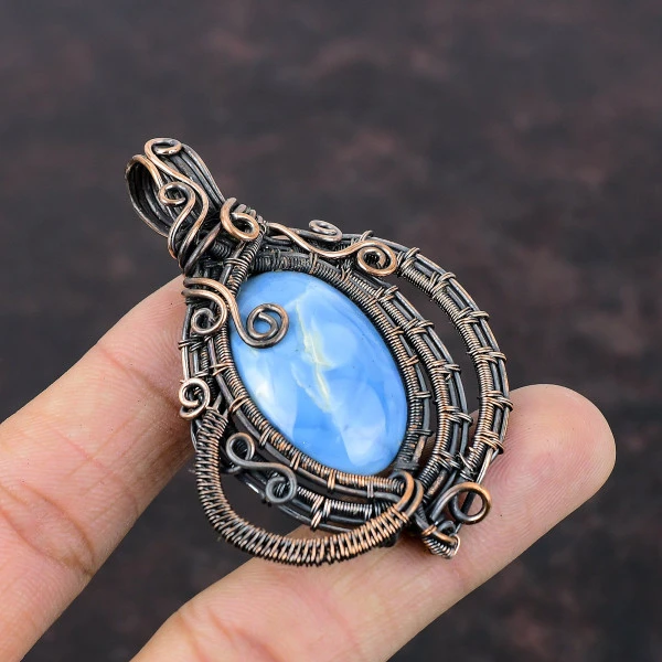 Owyhee Blue Opal Oval Blue Handmade Copper Wire Wrapped Pendant