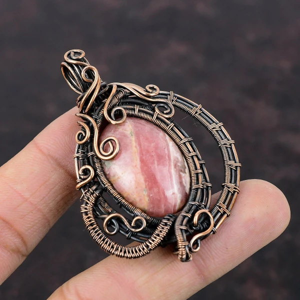Rhodochrosite Oval Pink Handmade Copper Wire Wrapped Pendant