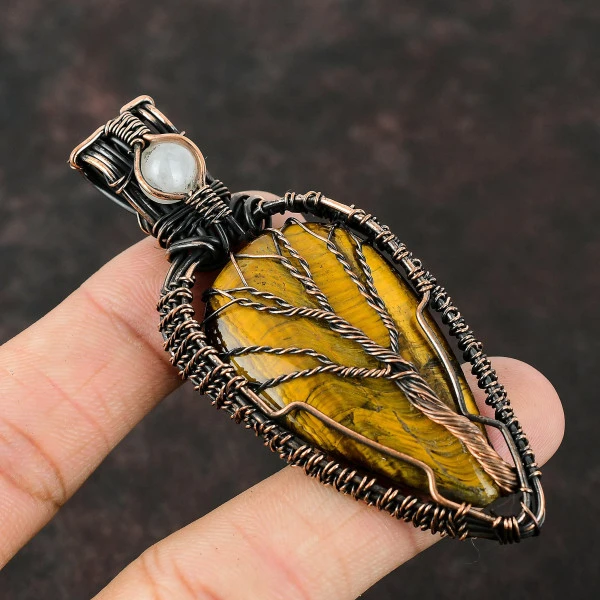 Tree of Life Tiger’s Eye & Rainbow Moonstone Pendant – Handmade Copper Wire Wrapped Gemstone Jewelry
