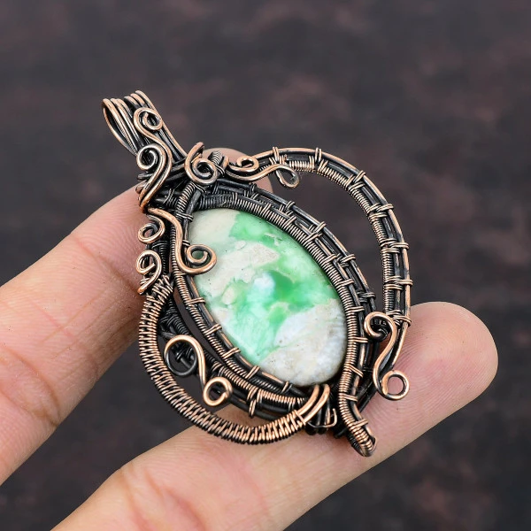 Variscite Copper Wire Wrapped Pendant – Handmade Stylish Gemstone Jewelry for Mom