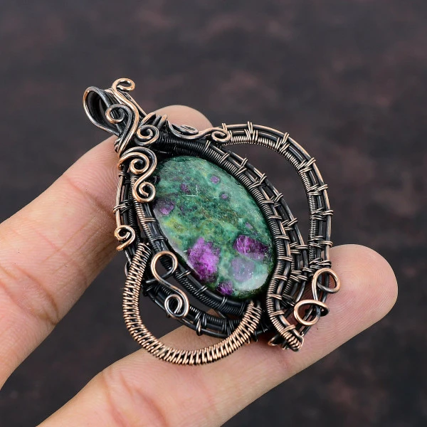 Ruby Fuchsite Oval Green Handmade Copper Wire Wrapped Pendant
