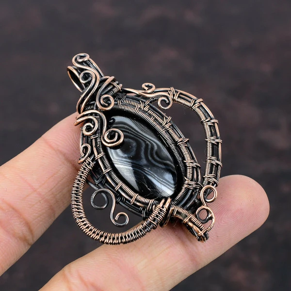Psilomelane Oval Black Handmade Copper Wire Wrapped Pendant