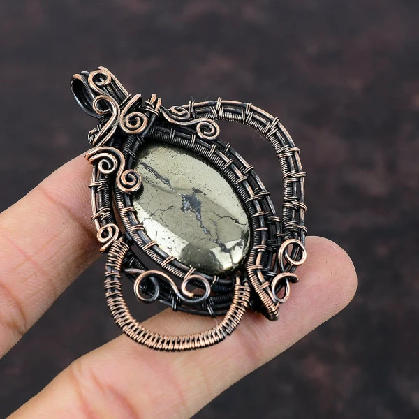 Pyrite Oval Gold Handmade Copper Wire Wrapped Pendant