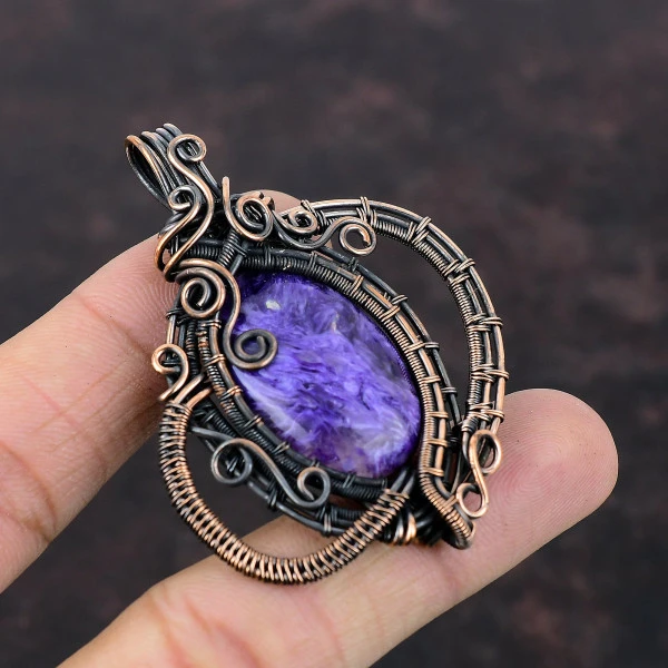 Charoite Oval Purple Handmade Copper Wire Wrapped Pendant