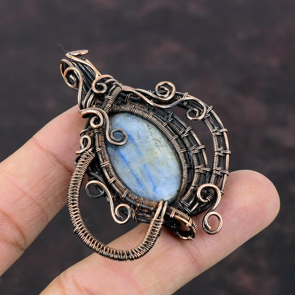 Kyanite Oval Blue Handmade Copper Wire Wrapped Pendant