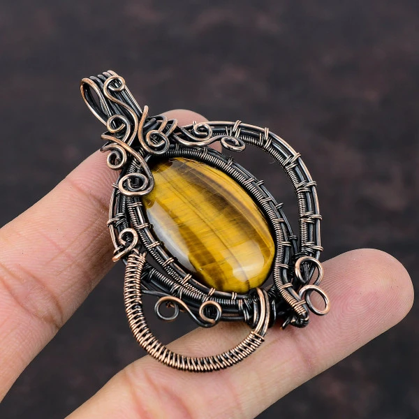 Tiger's Eye Oval Brown Handmade Copper Wire Wrapped Pendant