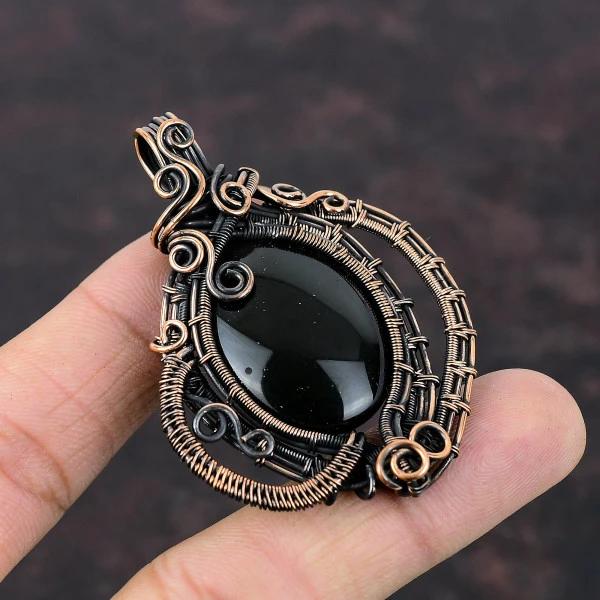 Black Obsidian Oval Black Handmade Copper Wire Wrapped Pendant