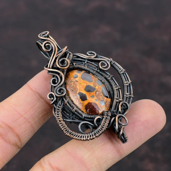 Bauxite Oval Red Handmade Copper Wire Wrapped Pendant