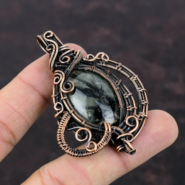 Moss Prehnite Oval Green Handmade Copper Wire Wrapped Pendant