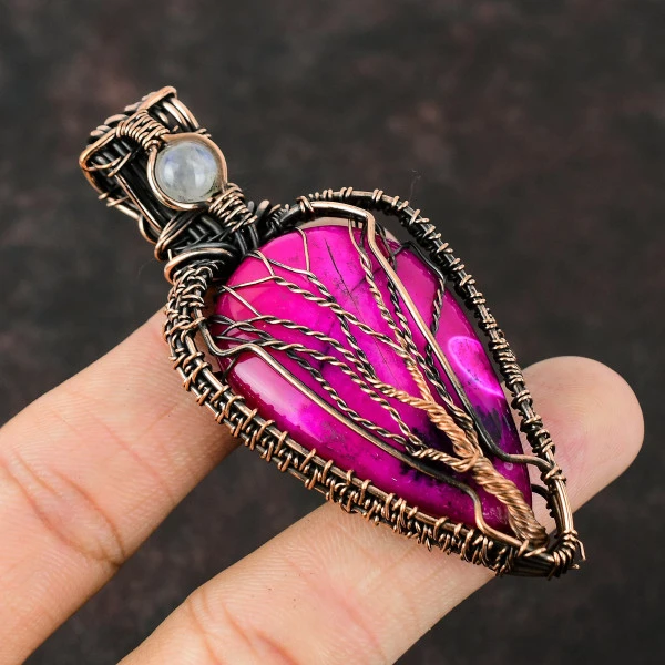 Pink Dendrite Opal Pear Pink Handmade Copper Wire Wrapped Pendant