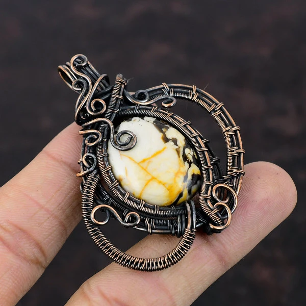 Peanut Wood Jasper Oval White Handmade Copper Wire Wrapped Pendant