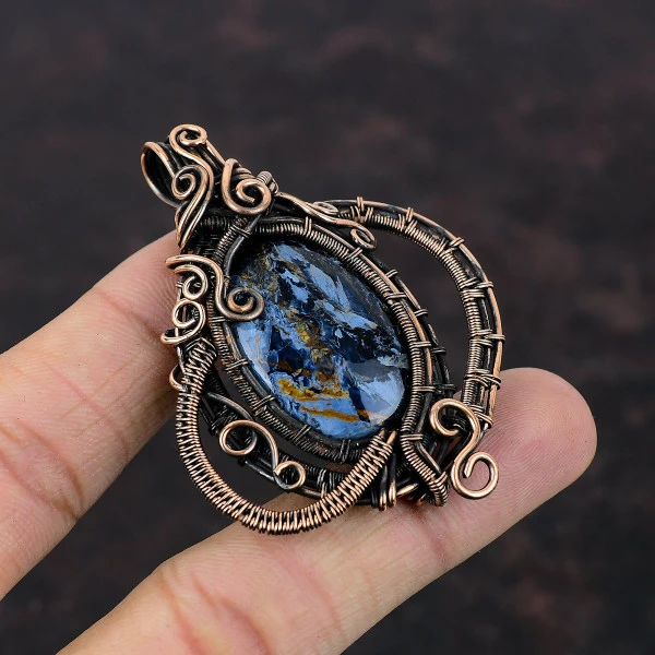 Pietersite Oval Gray Handmade Copper Wire Wrapped Pendant