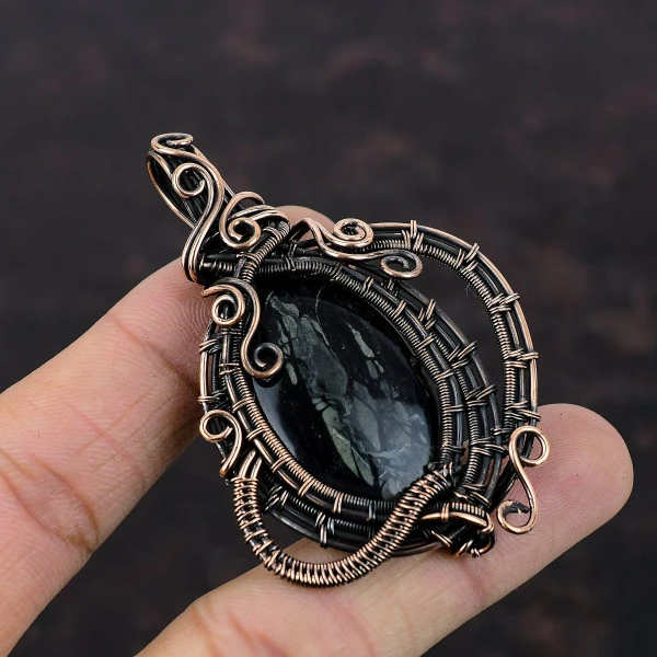 Picasso Jasper Oval Black Handmade Copper Wire Wrapped Pendant