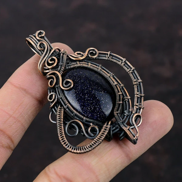 Blue Sunstone Oval Blue Handmade Copper Wire Wrapped Pendant