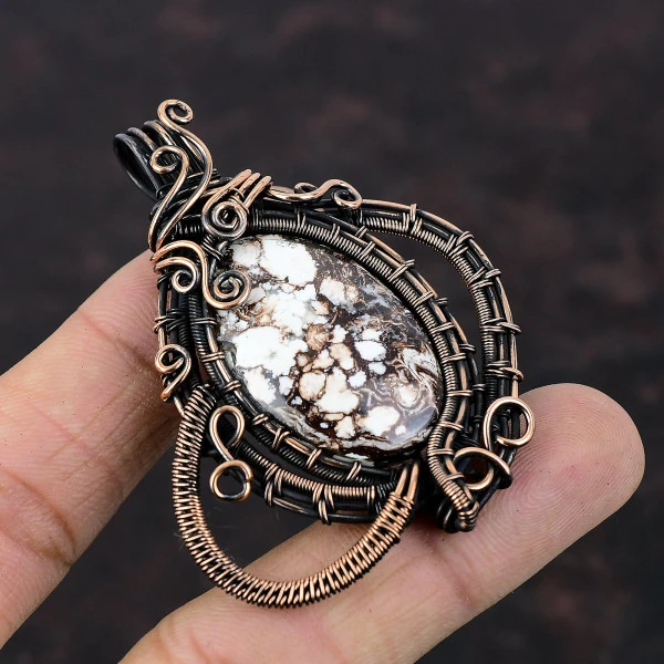 Wild Horse Magnesite Oval Brown Handmade Copper Wire Wrapped Pendant