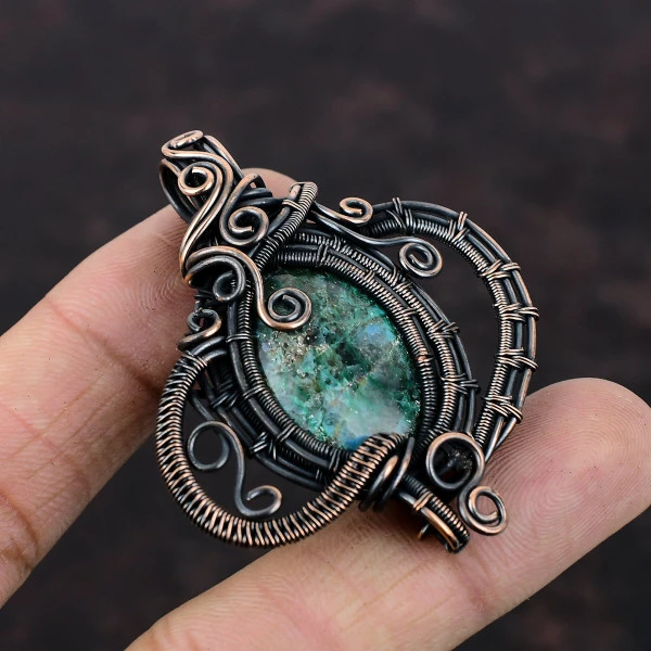 Chrysocolla Oval Green Handmade Copper Wire Wrapped Pendant