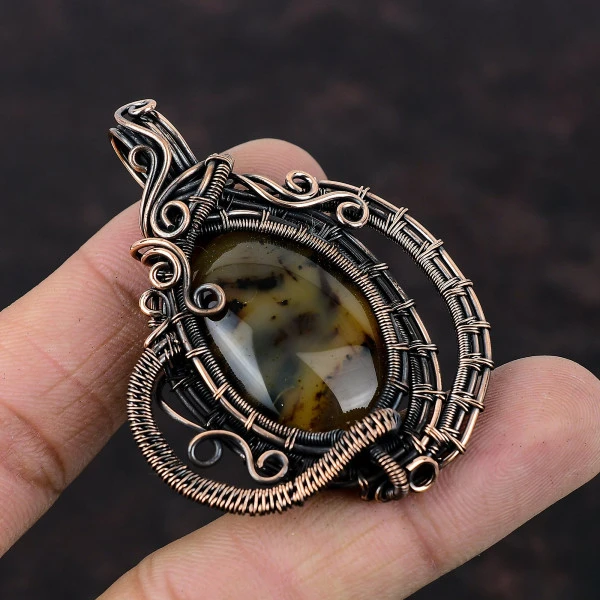 Montana Agate Oval Yellow Handmade Copper Wire Wrapped Pendant