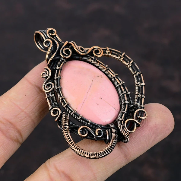 Pink Opal Oval Pink Handmade Copper Wire Wrapped Pendant