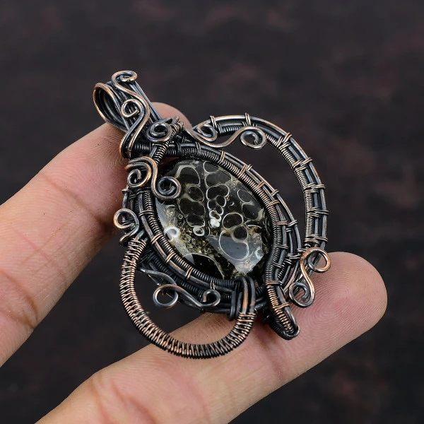 Turritella Agate Oval Brown Handmade Copper Wire Wrapped Pendant