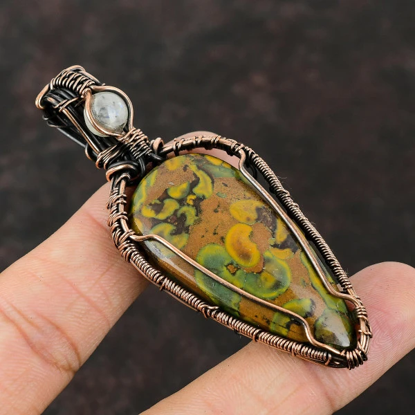 Fruit Jasper Pear Yellow Handmade Copper Wire Wrapped Pendant