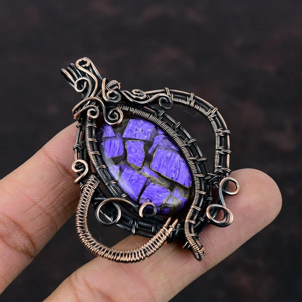 Copper Charoite Oval Purple Handmade Copper Wire Wrapped Pendant