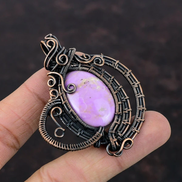 Phosphosiderite Oval Purple Handmade Copper Wire Wrapped Pendant