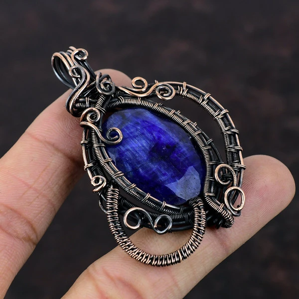 Faceted Blue Sapphire Oval Blue Handmade Copper Wire Wrapped Pendant