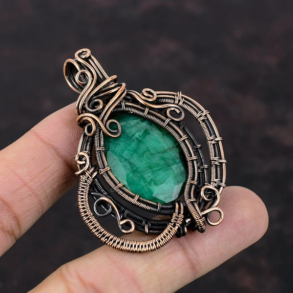 Faceted Zambian Emerald Oval Green Handmade Copper Wire Wrapped Pendant