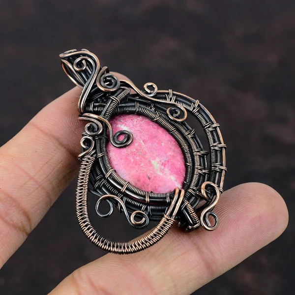 Thulite Oval Pink Handmade Copper Wire Wrapped Pendant