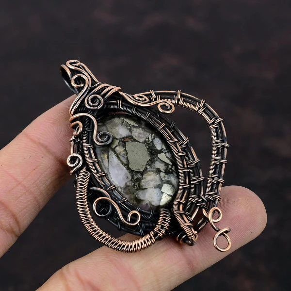 Copper Pink Opal Oval Black Handmade Copper Wire Wrapped Pendant