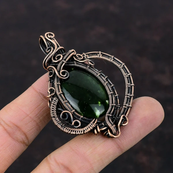 Australian Chrome Chalcedony Oval Green Handmade Copper Wire Wrapped Pendant