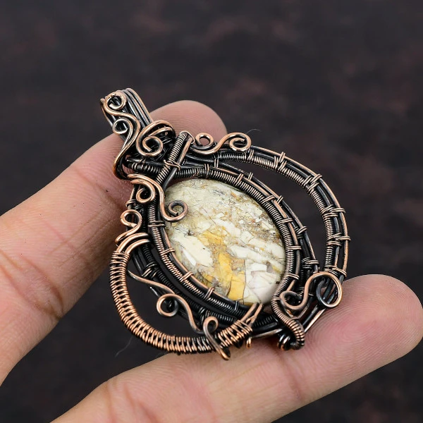 Brecciated Mookaite Oval Yellow Handmade Copper Wire Wrapped Pendant