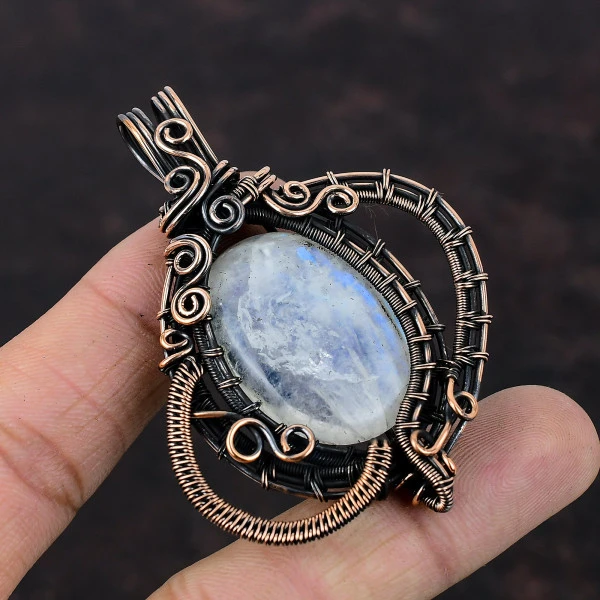 Rainbow Moonstone Oval White Handmade Copper Wire Wrapped Pendant
