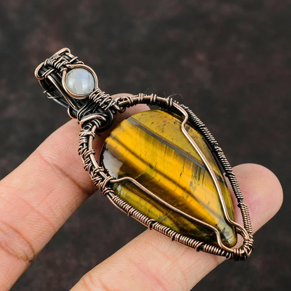 Tiger's Eye Pear Yellow Handmade Copper Wire Wrapped Pendant