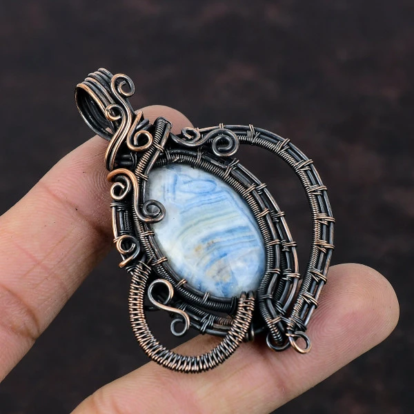 Blue Scheelite Oval Blue Handmade Copper Wire Wrapped Pendant