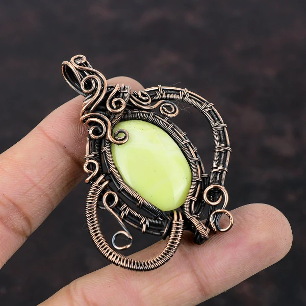 Serpentine Oval Yellow Handmade Copper Wire Wrapped Pendant