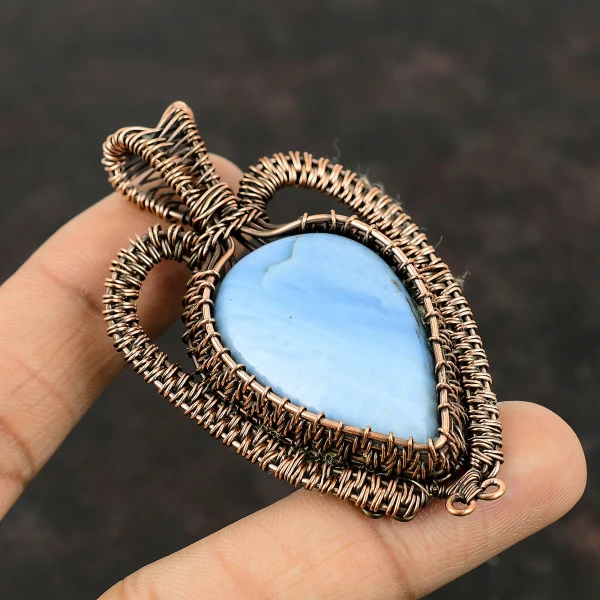 Owyhee Blue Opal Pear Blue Handmade Copper Wire Wrapped Pendant