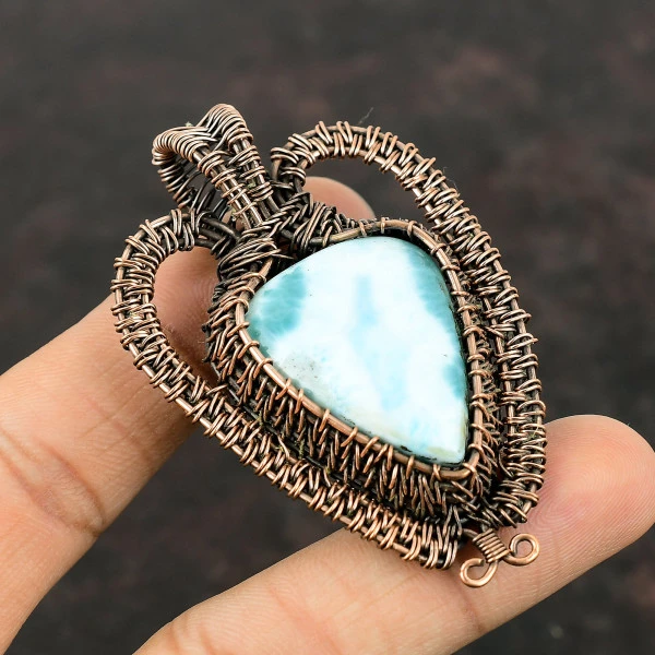 Larimar Pear Blue Handmade Copper Wire Wrapped Pendant