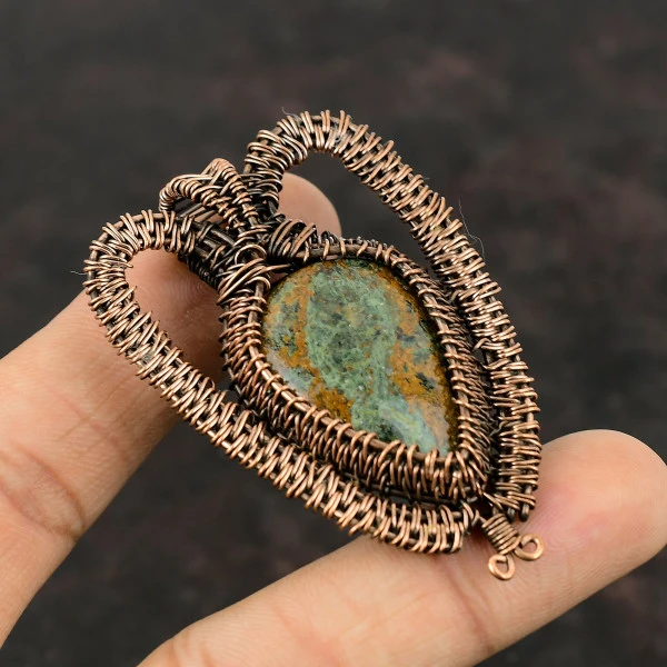 Spessartine Garnet in Limestone Pear Green Handmade Copper Wire Wrapped Pendant