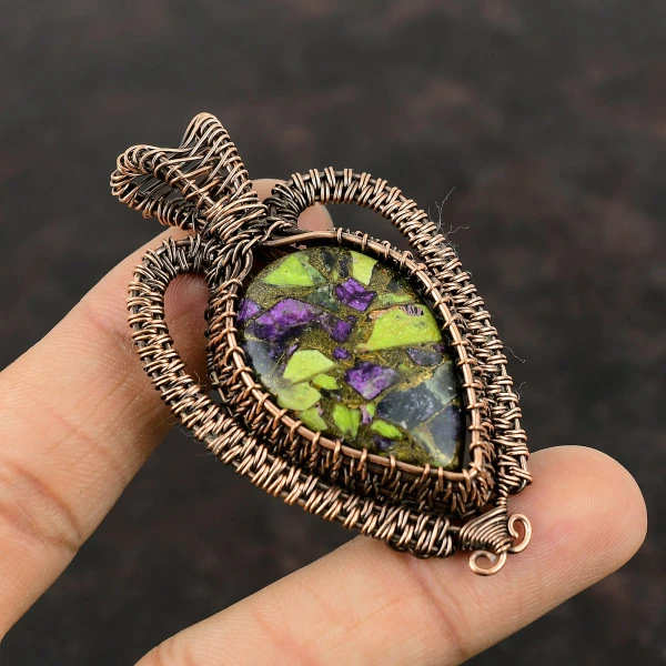 Copper Stichtite Pear Green Handmade Copper Wire Wrapped Pendant