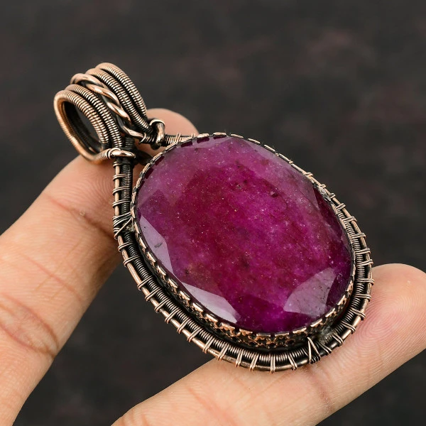 Faceted Kashmir Ruby Oval Red Handmade Copper Wire Wrapped Pendant
