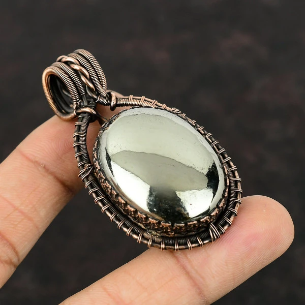 Apache Pyrite Oval Gold Handmade Copper Wire Wrapped Pendant