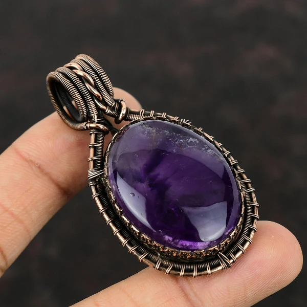Star Amethyst Oval Purple Handmade Copper Wire Wrapped Pendant