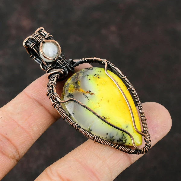 Yellow Dendrite Opal Pear Yellow Handmade Copper Wire Wrapped Pendant