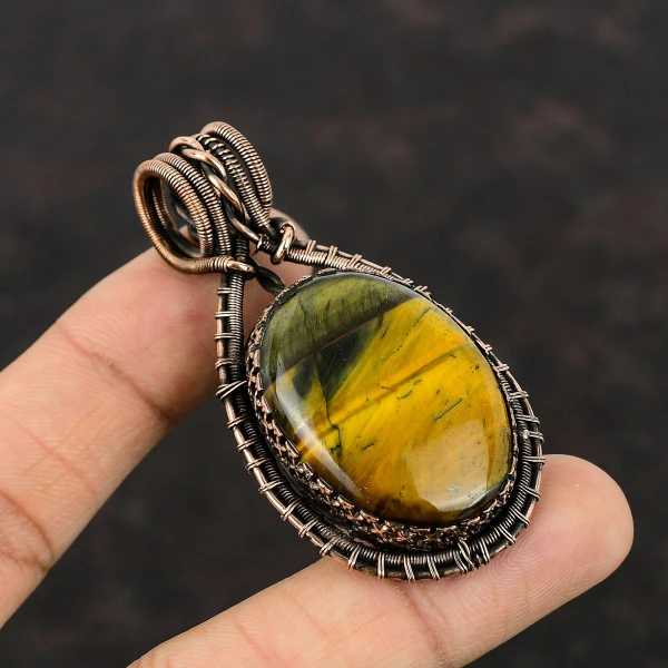 Nellite Oval Yellow Handmade Copper Wire Wrapped Pendant